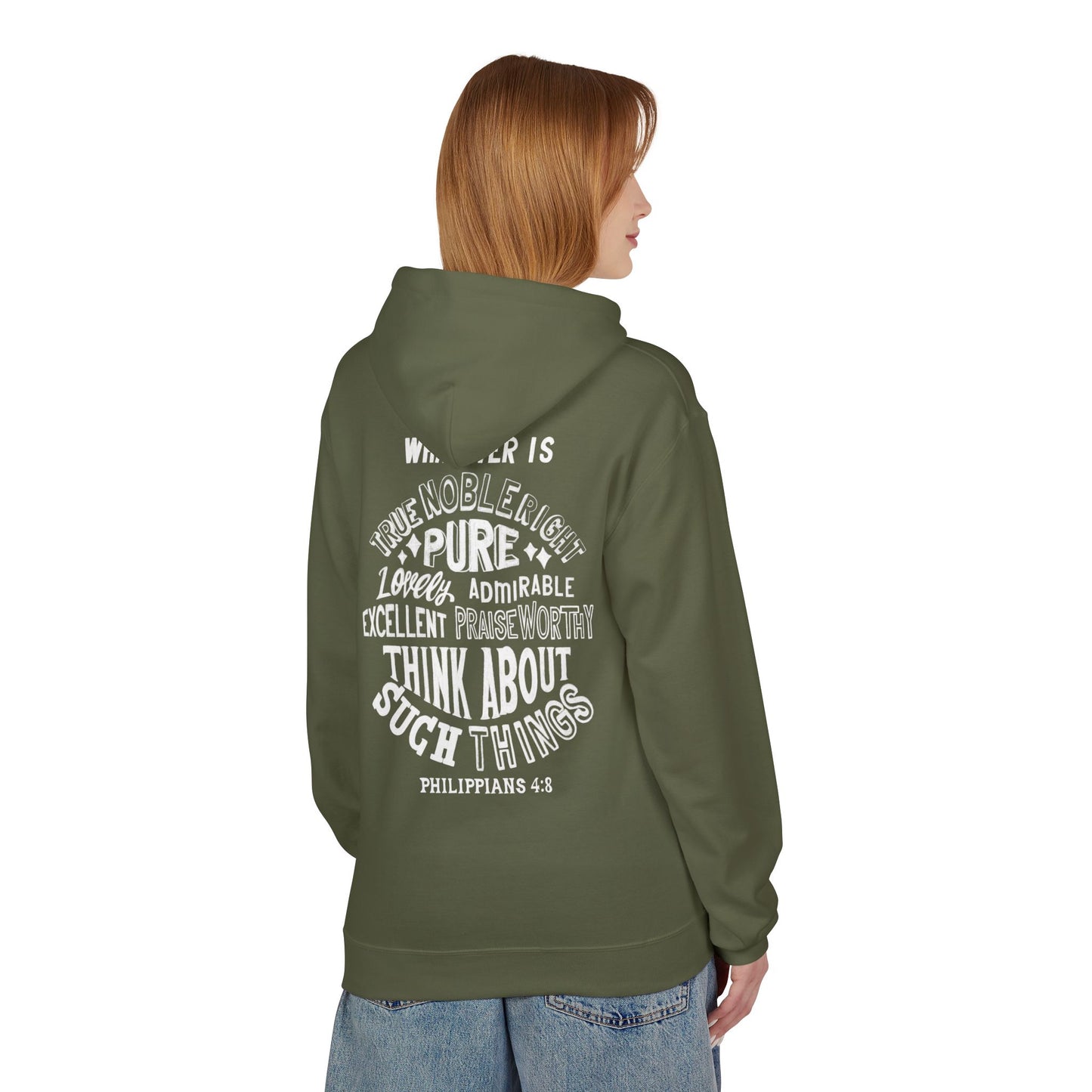 Phillipians 4:8 Bible Verse Christian Hoodie Unisex Midweight Softstyle Fleece Hoodie