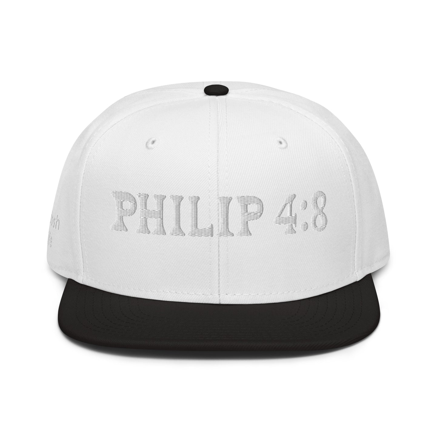More colors For Phillipans 4:8 Hat Otto 125-978 Christian flat brim snapback hat for men and women bible verse hat Phillipans 4:8 Christian skateboard hat Bible verse Christian Gifts Christian Hats Flat Brim Hats Gift for him and her gifts for her gifts for him Hats religious gift Snapback hats Black / White / White Kadosh Life