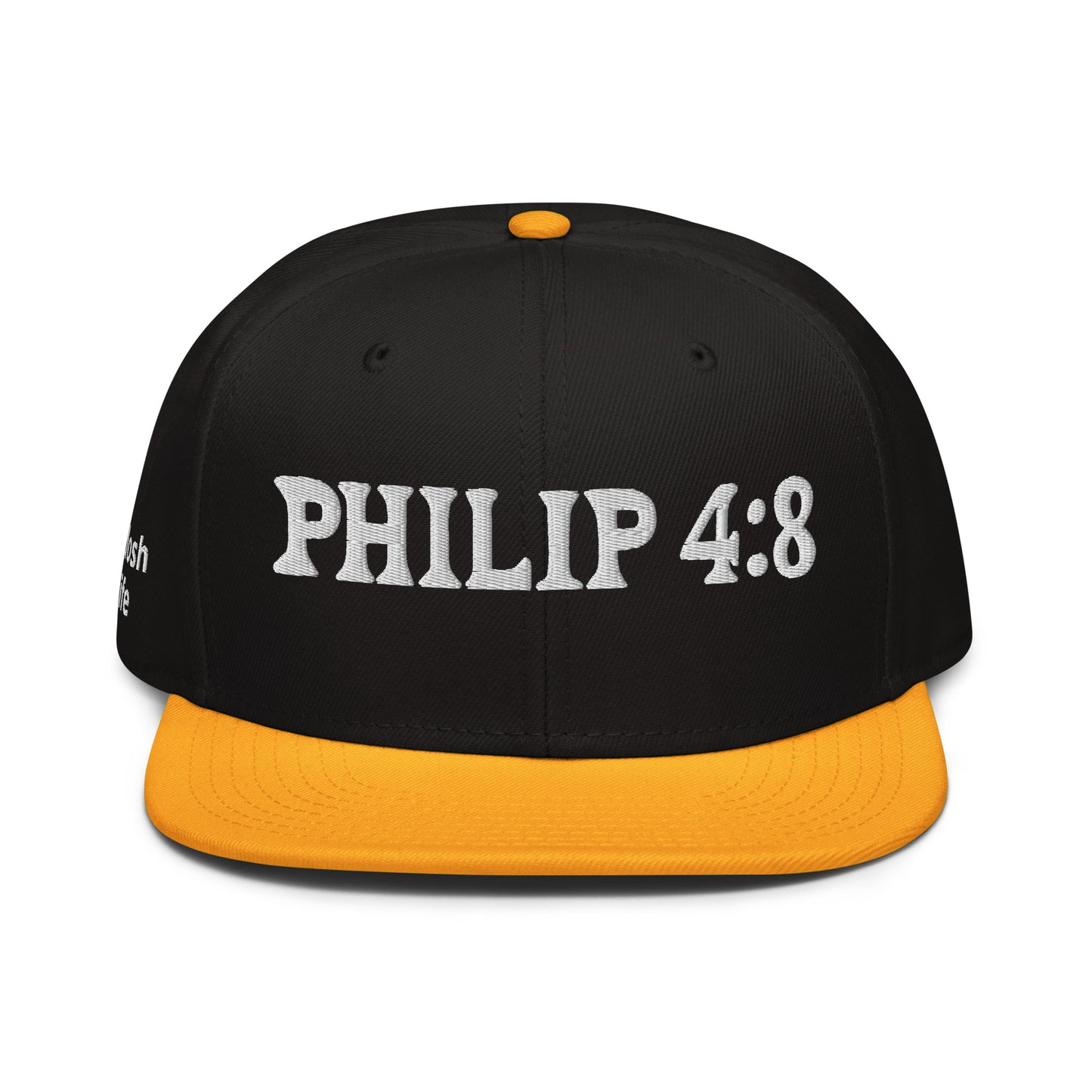 More colors For Phillipans 4:8 Hat Otto 125-978 Christian flat brim snapback hat for men and women bible verse hat Phillipans 4:8 Christian skateboard hat Bible verse Christian Gifts Christian Hats Flat Brim Hats Gift for him and her gifts for her gifts for him Hats religious gift Snapback hats Gold / Black / Black Kadosh Life