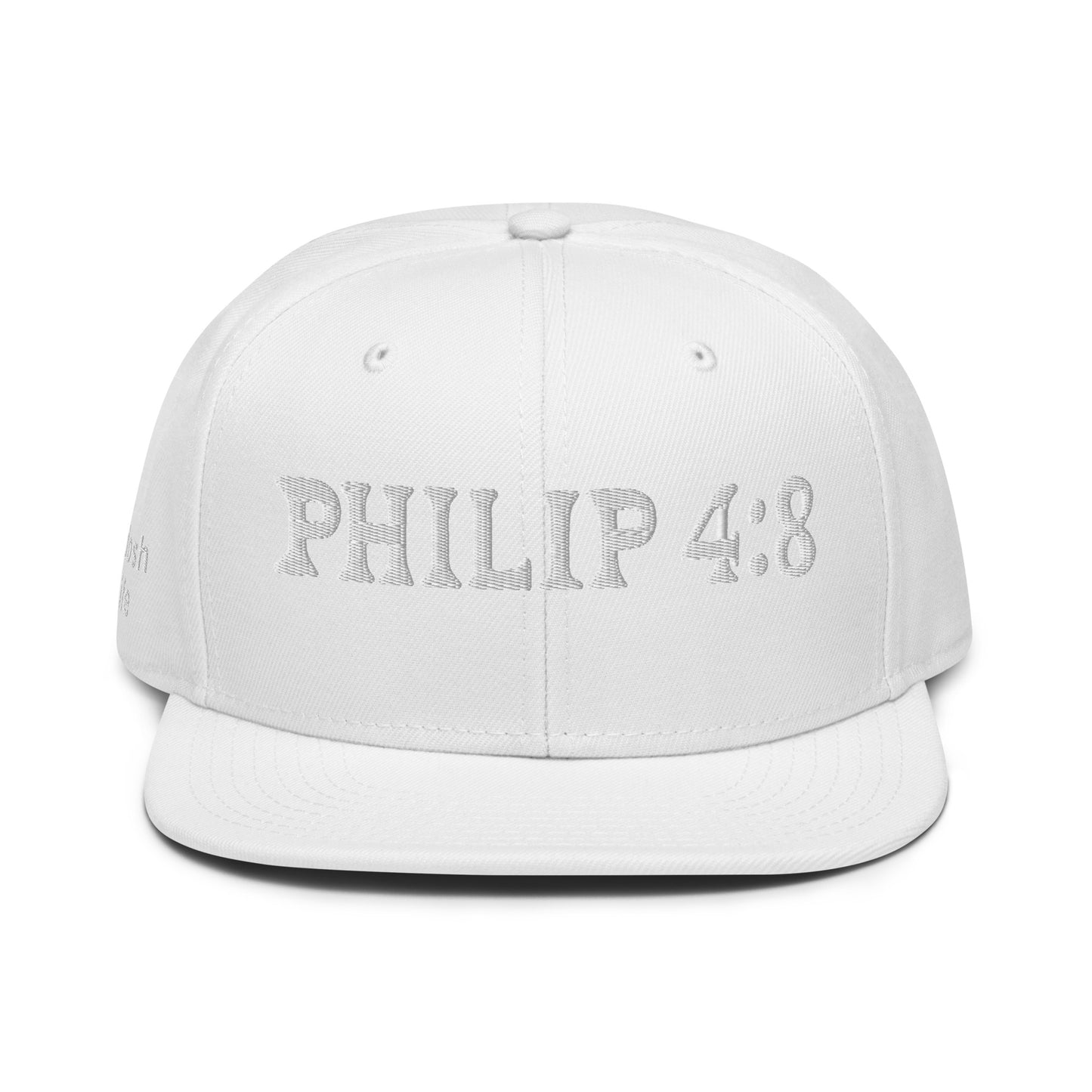 More colors For Phillipans 4:8 Hat Otto 125-978 Christian flat brim snapback hat for men and women bible verse hat Phillipans 4:8 Christian skateboard hat Bible verse Christian Gifts Christian Hats Flat Brim Hats Gift for him and her gifts for her gifts for him Hats religious gift Snapback hats White Kadosh Life