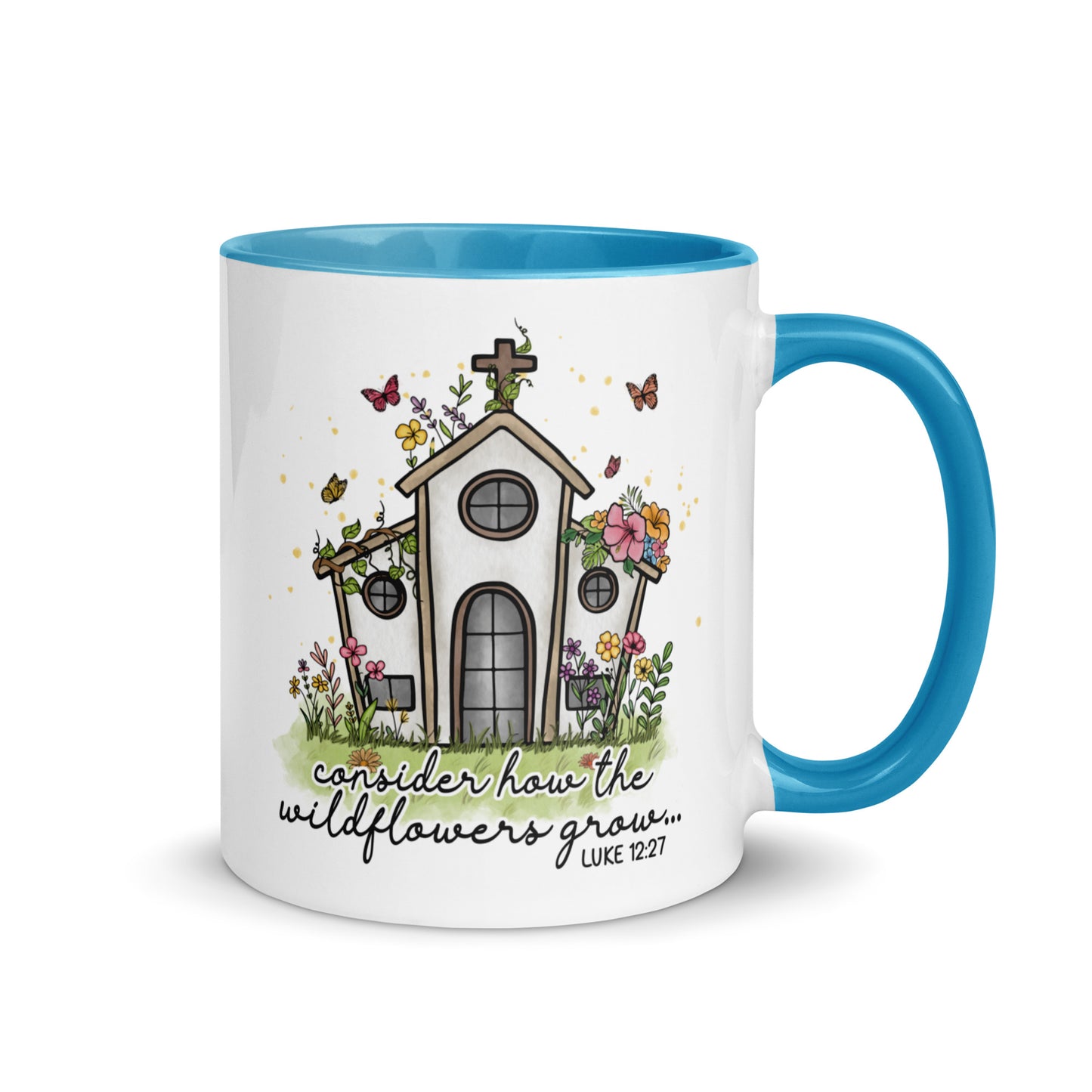 Bible Verse Luke 12:27 Consider How The Wildflowers Grow Scripture Bible Quote Coffee Mug Blue Kadosh Life