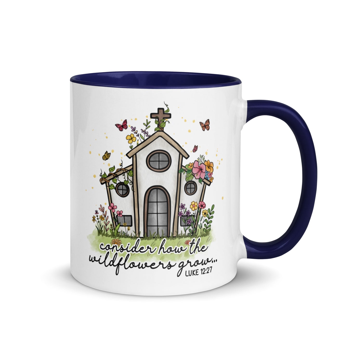 Bible Verse Luke 12:27 Consider How The Wildflowers Grow Scripture Bible Quote Coffee Mug Dark Blue Kadosh Life