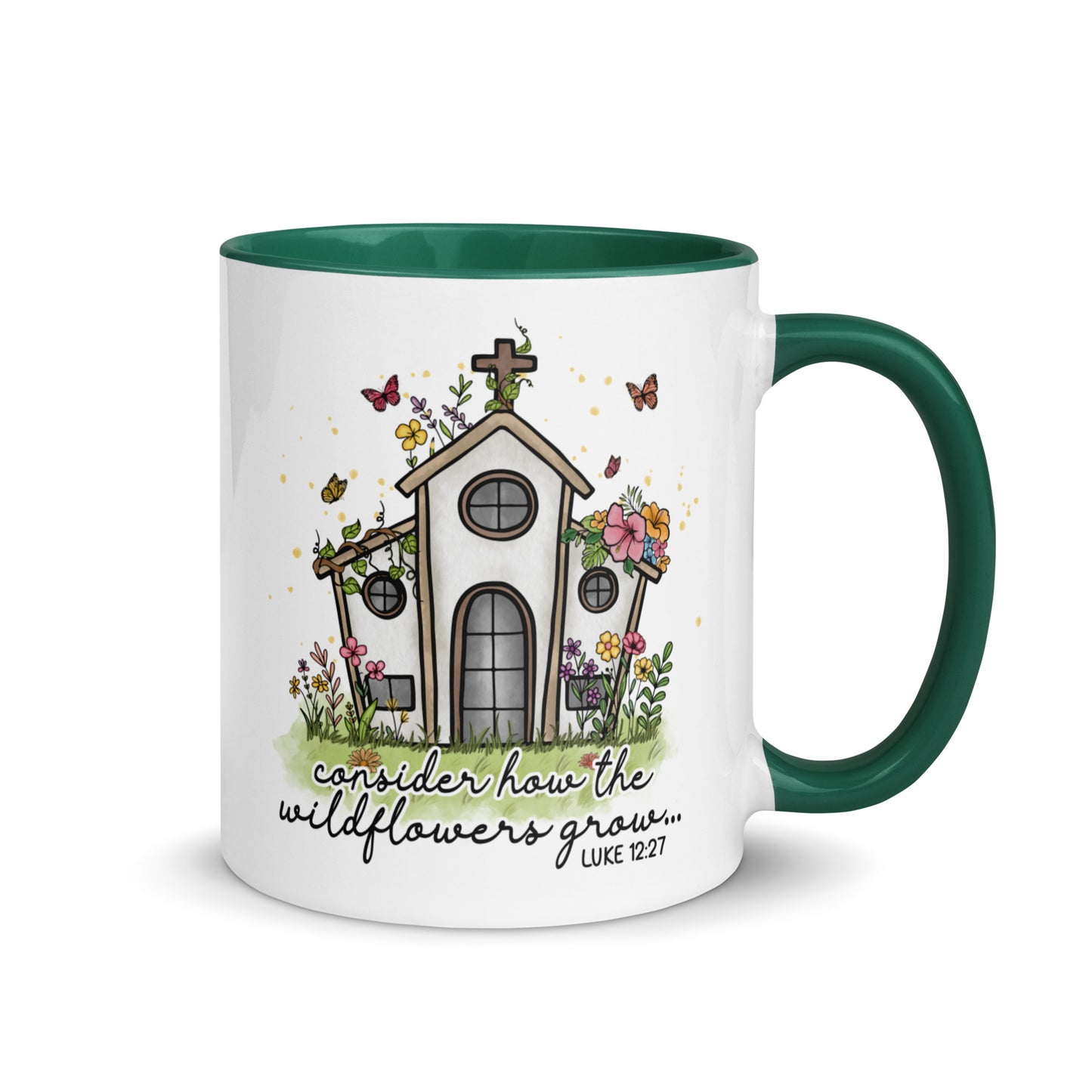 Bible Verse Luke 12:27 Consider How The Wildflowers Grow Scripture Bible Quote Coffee Mug Dark green Kadosh Life
